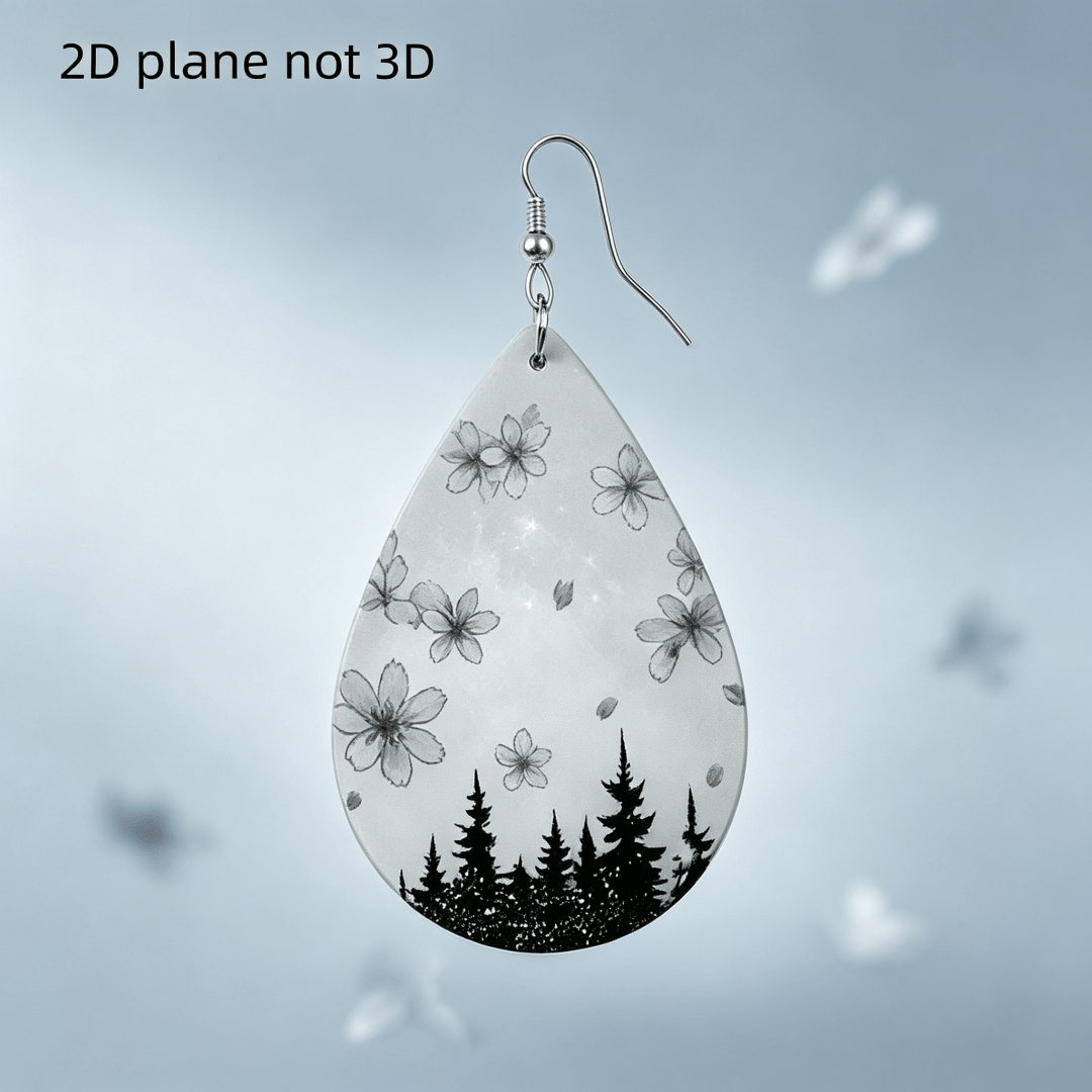 Grey Sakura Pine Forest Teardrop Dangle Earrings, Acrylic